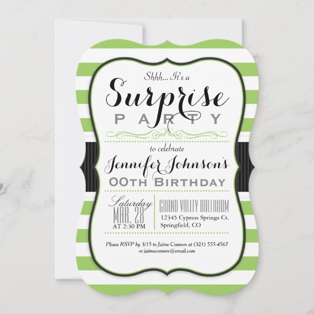 Lime Green & White Stripes Surprise Party Invitation (Front)