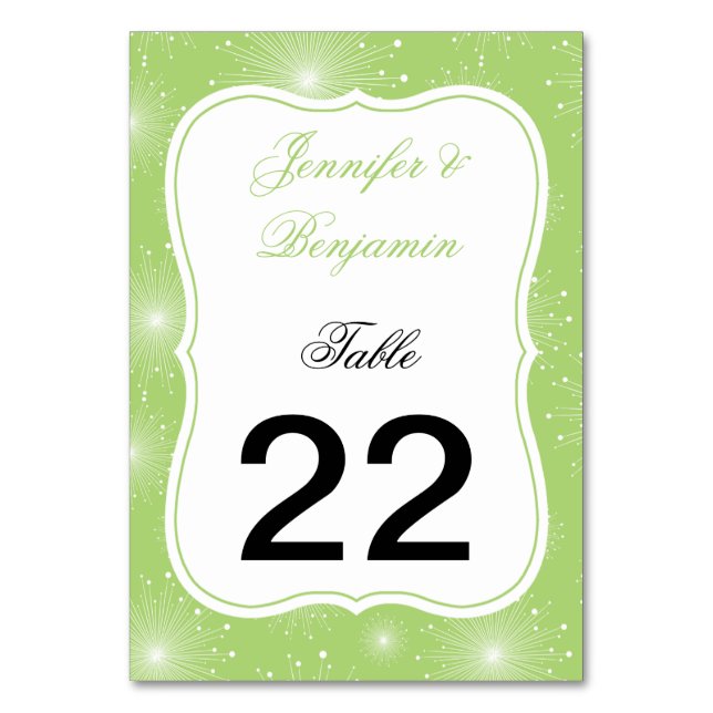 Lime Green White Sunbursts Starburst Table Numbers (Front)