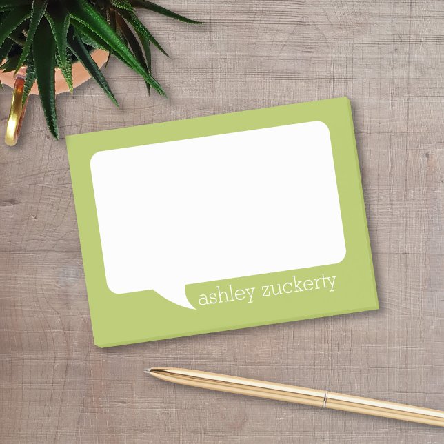 Lime Green & White Talk Bubble Personalised Name Post-it Notes (A fun talk bubble design for a personalized post-it notepad. Add your name for a fun office gift.)