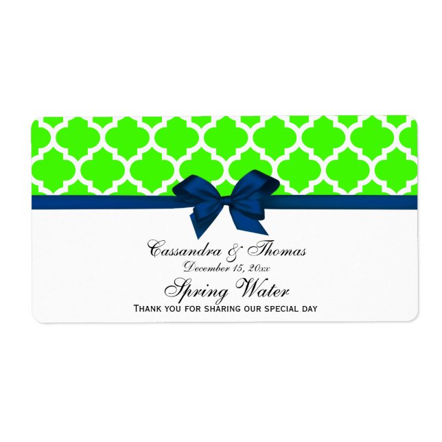 Lime Green Wht Moroccan Navy Bow Party Water Label (Front)