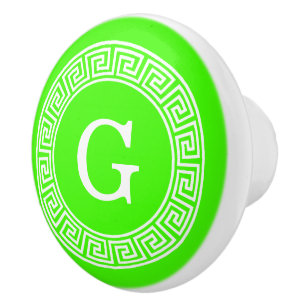 Lime Green Wt Greek Key Rnd Frame Initial Monogram Ceramic Knob