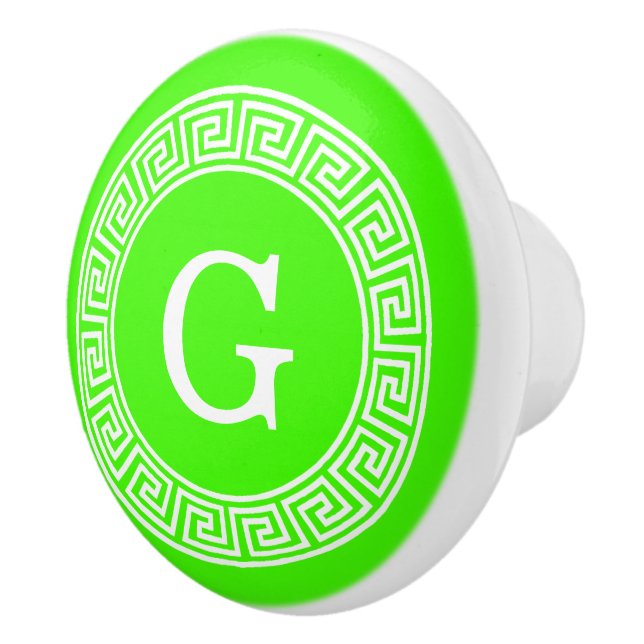 Lime Green Wt Greek Key Rnd Frame Initial Monogram Ceramic Knob (Right)