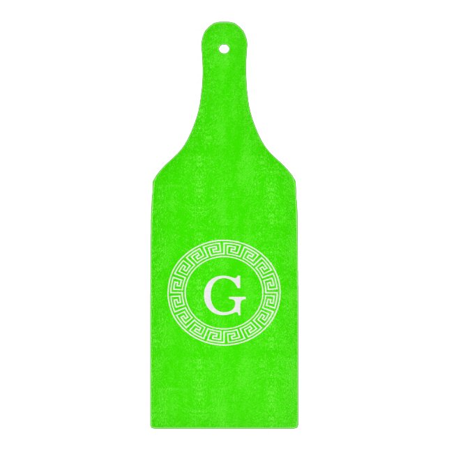 Lime Green Wt Greek Key Rnd Frame Initial Monogram Cutting Board (Front)