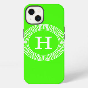 Lime Green Wt Greek Key Rnd Frame Initial Monogram iPhone 13 Case