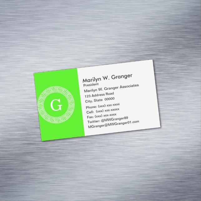 Lime Green Wt Greek Key Rnd Frame Initial Monogram Magnetic Business Card (In Situ)