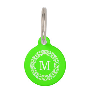 Lime Green Wt Greek Key Rnd Frame Initial Monogram Pet Tag