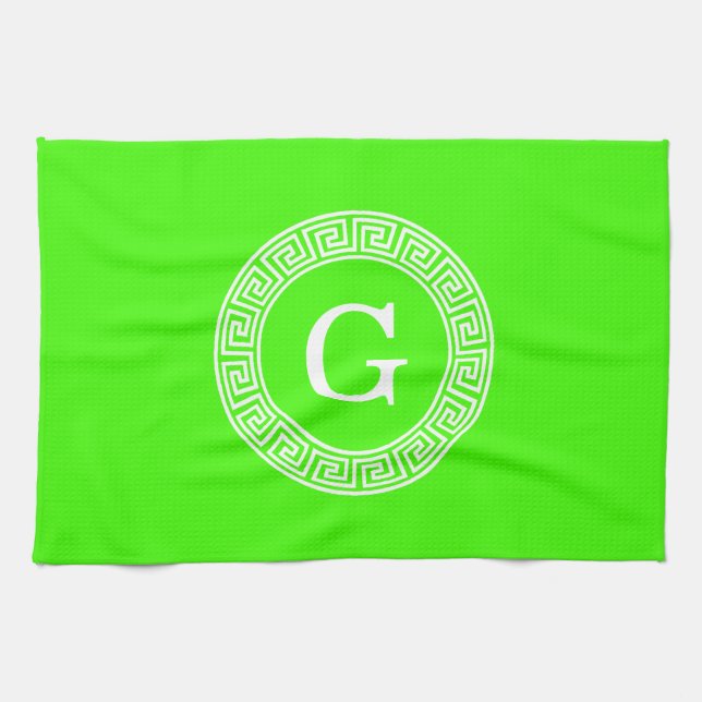 Lime Green Wt Greek Key Rnd Frame Initial Monogram Tea Towel (Horizontal)