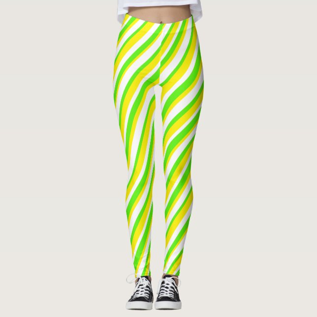 Lime Green Yellow and White Abstract Stripes Leggings (Front)