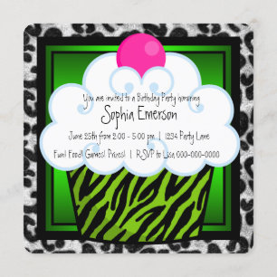 Lime Green Zebra Girls Cupcake Birthday Party Invitation