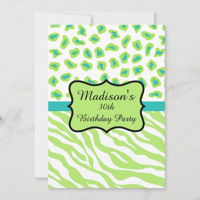 Lime Green Zebra Leopard 30th Birthday Invitation (Front)
