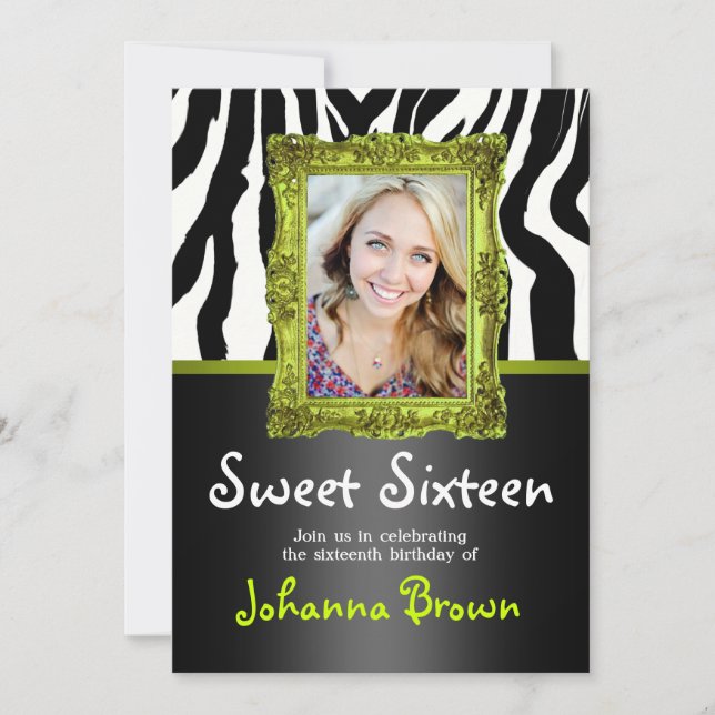 Lime Green Zebra - Photo - Sweet 16 Invitation (Front)