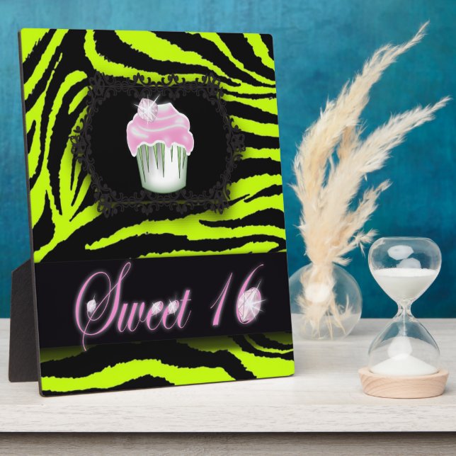 Lime green zebra print Pink Cupcake Sweet Sixteen Plaque (Side)