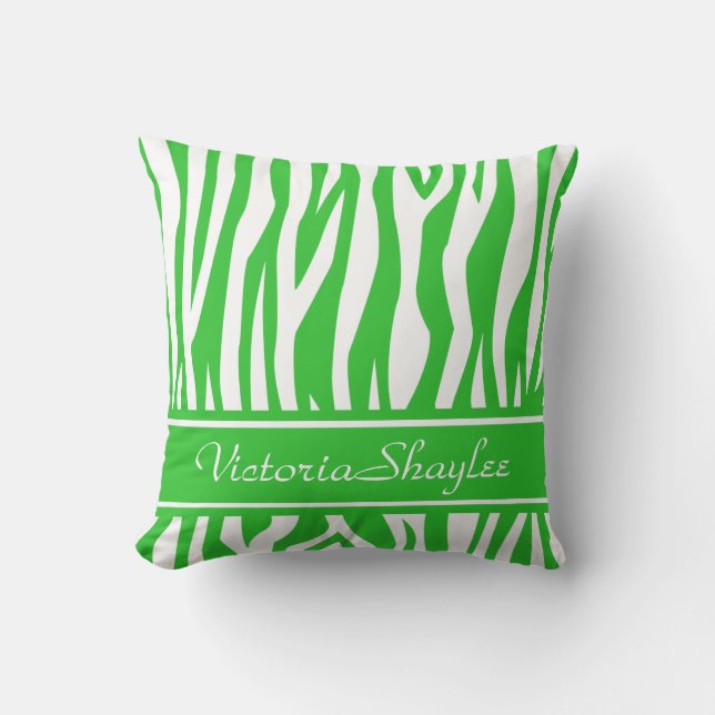 Lime Green Zebra Print with custom text Cushion (Front)