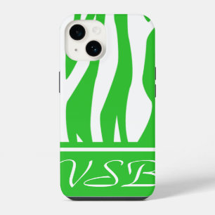 Lime Green Zebra Print with monogram iPhone 14 Case
