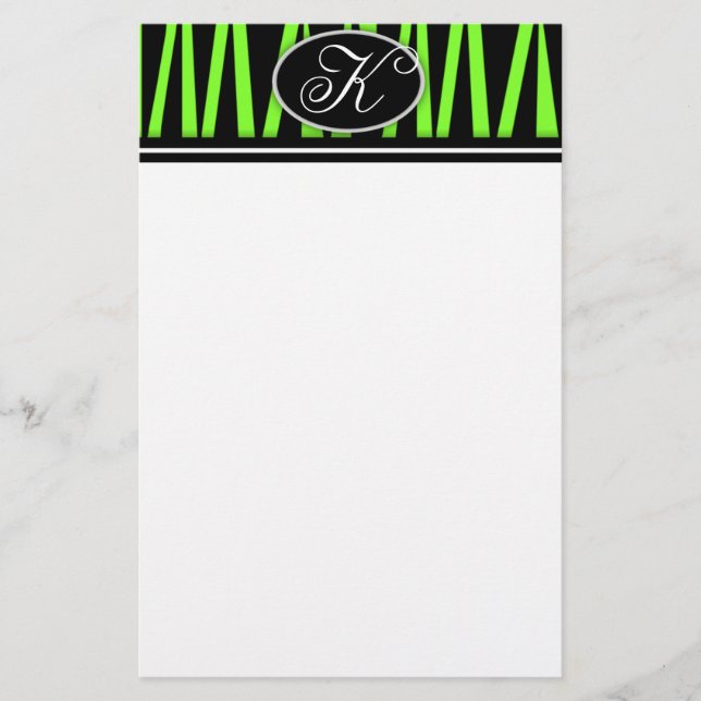 Lime Green Zebra Stripes Monogrammed Stationery (Front)