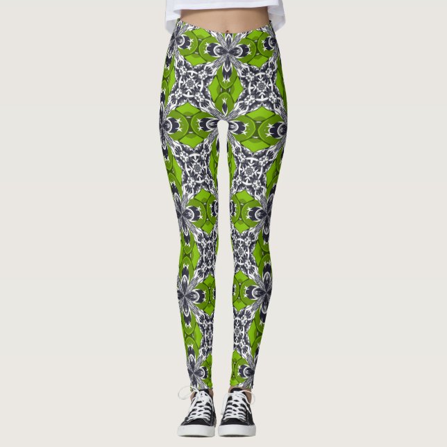 Lime Grey and White Repeat Tile Pattern Leggings (Front)