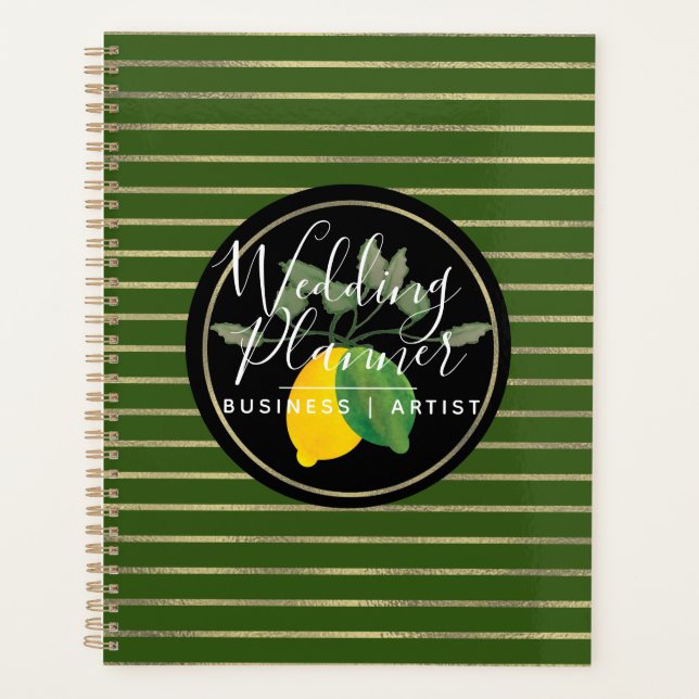 Lime Lemon Watercolor Logo Foil Stripes Wedding Planner (Front)
