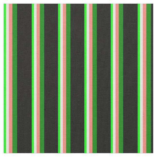 Lime, Light Yellow, Salmon, Green & Black Stripes Fabric (Close Up)