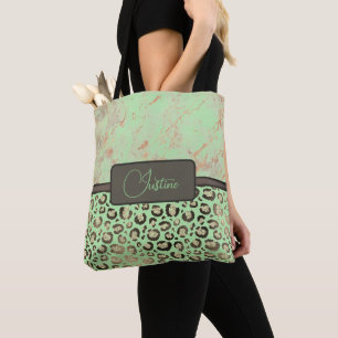 Lime Marble Glittery Gold Leopard Personalised Tote Bag