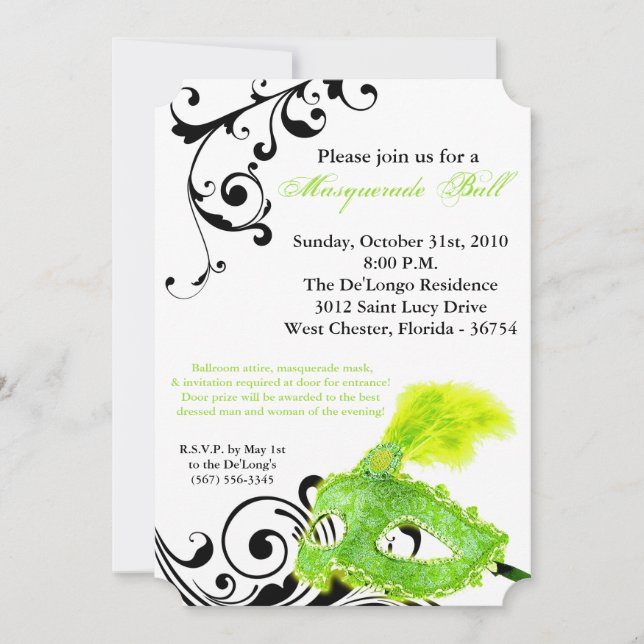 Lime Masquerade Ball Mask Costume Halloween Part Invitation (Front)