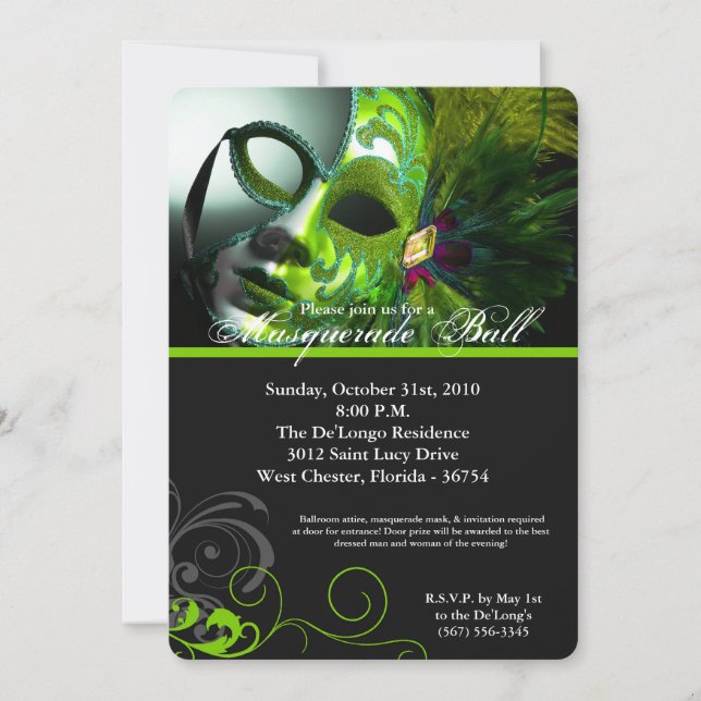 Lime Masquerade Ball Mask Costume Halloween Part Invitation (Front)