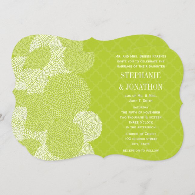 Lime Modern Floral Chrysanthemum Wedding Invitation (Front/Back)