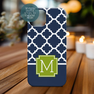 Lime & Navy arabesque Pattern Custom Monogram iPhone 15 Case