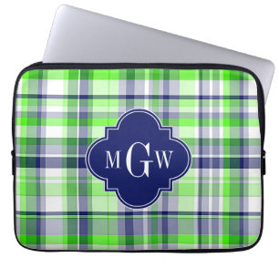 Lime, Navy, Wht Preppy Madras Quatrefoil Monogram Laptop Sleeve