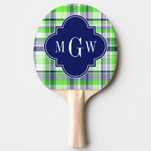 Lime, Navy, Wht Preppy Madras Quatrefoil Monogram Ping Pong Paddle