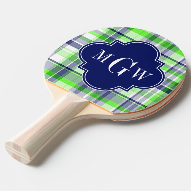 Lime, Navy, Wht Preppy Madras Quatrefoil Monogram Ping Pong Paddle (Front Angle)