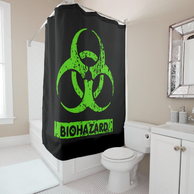Lime Neon Green Bio-Hazard Chemicals Graphic Shower Curtain (In Situ)