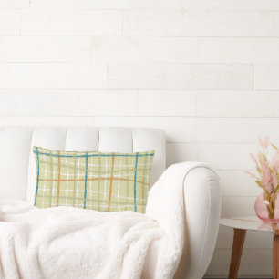 Lime Ochre Teal and Off White Plaid Design Pillow
