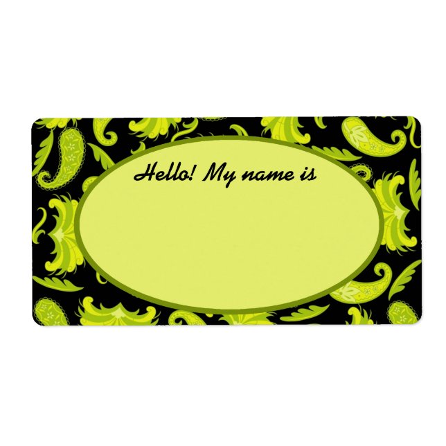 Lime & Olive Green & Black Paisley Name Tag Label (Front)