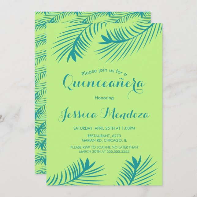 Lime Palm  Leaf Quinceañera Sweet 16  Invitation (Front/Back)