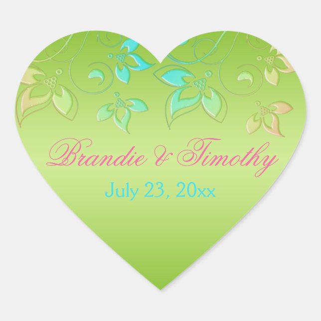 Lime, Pink, and Aqua Floral 1.5" Heart Sticker (Front)