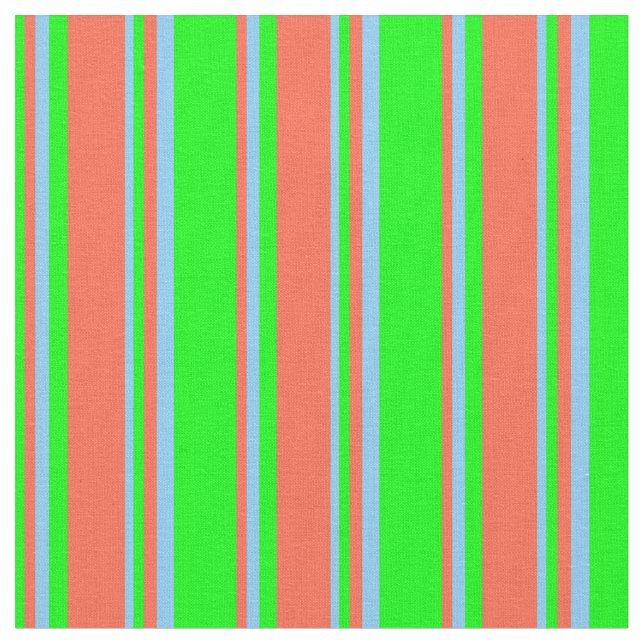 Lime, Red, and Light Sky Blue Coloured Stripes Fabric (Close Up)