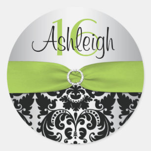Lime, Silver, and Black Damask Sweet 16 Sticker