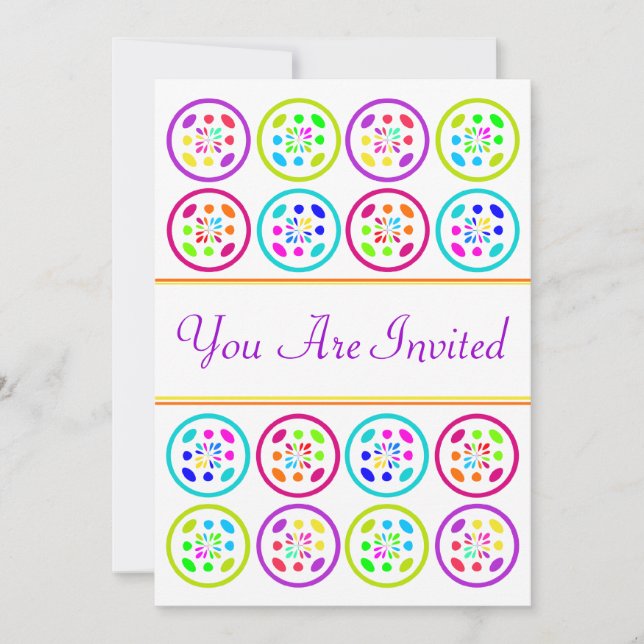lime, turquoise, lilac and rose circle patterns invitation (Front)
