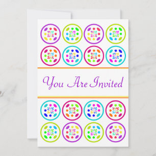 lime, turquoise, lilac and rose circle patterns invitation