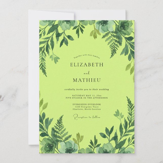 Lime Watercolor Foliage Wedding Invitation (Front)