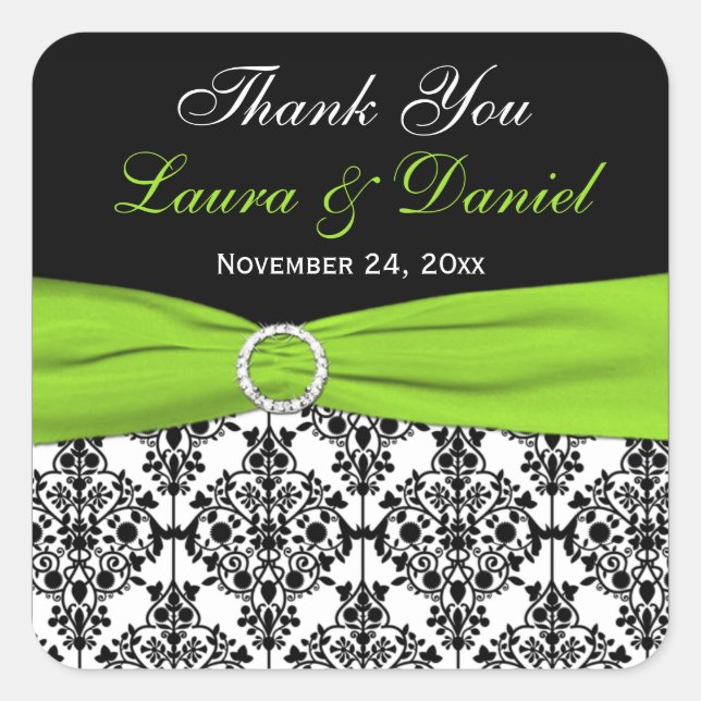 Lime, White, and Black Damask Wedding Favour Square Sticker (Front)