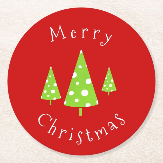 Lime White Polka Dots Christmas Trees Round Paper Coaster (Front)