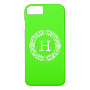 Lime Wht Greek Key Rnd Frame Initial Monogram Case-Mate iPhone Case