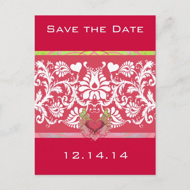 Lime Winged Hearts White Damask On Deep Raspberry Announcement Postcard (Front)