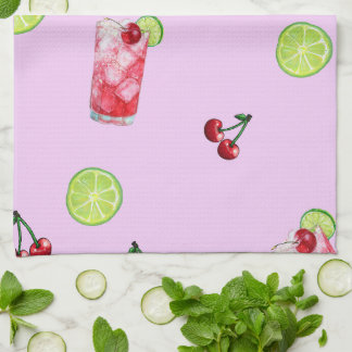 Limes Cherries Cocktails Pink Tea Towel