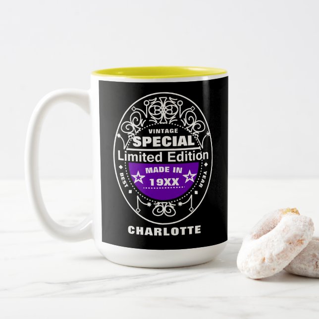 Limited Edition Year Born Personalised Birthday  T Two-Tone Coffee Mug (With Donut)
