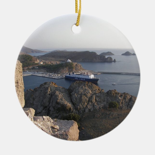 Limnos Ferry From The Hill Ceramic Tree Decoration (Front)