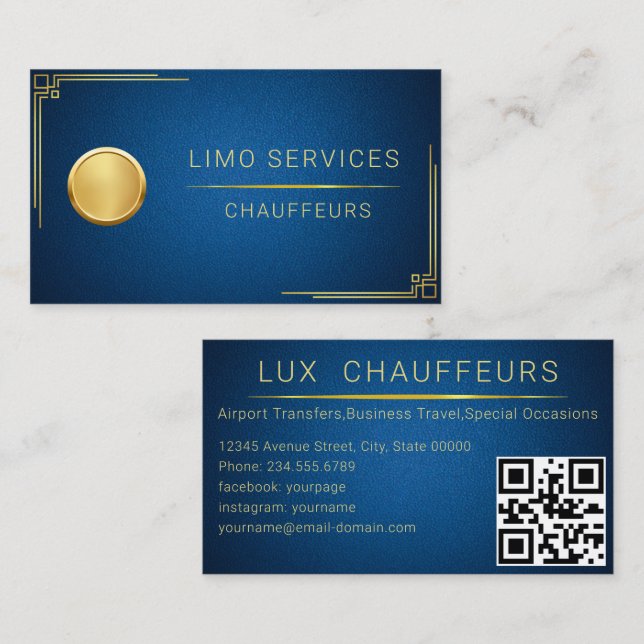 Limo Driver And Chauffeur Service Blue leather QR Business Card (Front/Back)