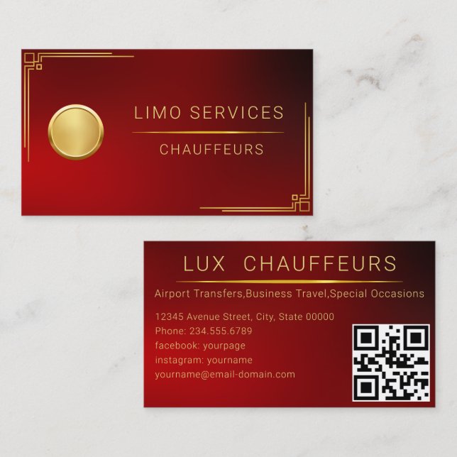 Limo Driver And Chauffeur Service Red QR Code Business Card (Front/Back)