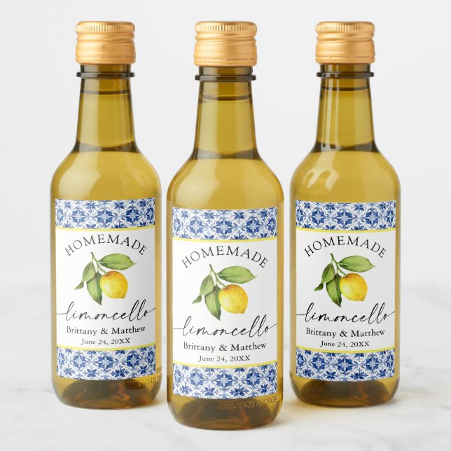 Limoncello Calligraphy Watercolor Lemon Blue Tile Wine Label (Bottles)